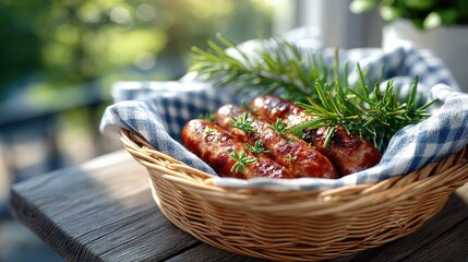 Grilled Sausages with Mustard Glaze in Woven Basket with Blue Checkered Cloth and Rosemary Sprigs Bright Natural Lighting