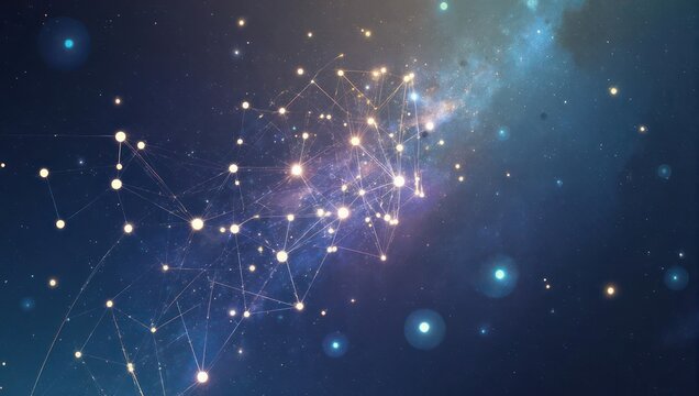 Dynamic cosmic network connects glowing stars in deep space nebula, illustrating global connection and digital innovation. - Powered by Adobe