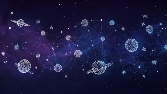 Whimsical cosmic constellation connects glowing planets and stars against a vibrant nebula backdrop, inspiring wonder and imagination for celestial themes.