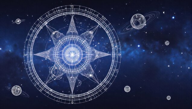 Mystical celestial compass guides through cosmic expanse with glowing stars and distant planets, evoking wonder and exploration.