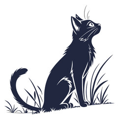 A slender black cat sits alertly in a patch of tall grass, its gaze directed upwards with focused attention, the scene is simple and elegant