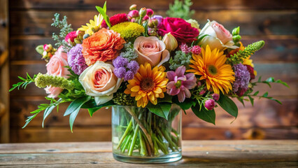 A vibrant bouquet of assorted colorful flowers in a glass vase