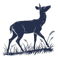 Elegant deer illustration, showcasing a graceful doe standing amidst tall grass, with its head raised in a curious and alert posture, looking into the distance