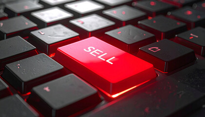 The Sell Button: A close-up shot emphasizes the glowing red SELL button on a laptop keyboard, symbolizing the decision to initiate a transaction, or the concept of digital commerce. 