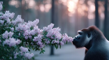 Gorilla Holding Lilac Flowers In Forest With Sunlight Breaking Through Trees