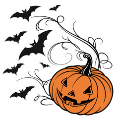 A festive halloween pumpkin with a smiling face, surrounded by bats and decorative swirls, a cheerful and spooky design for the holiday