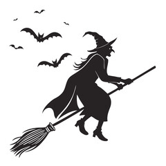Illustration of a witch flying on a broomstick, surrounded by bats, evoking the spooky and magical atmosphere of halloween in a vector art style