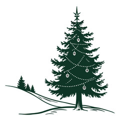 Silhouette of a christmas tree decorated with lights and ornaments on a snowy hill a simple and elegant holiday design for cards or decorations
