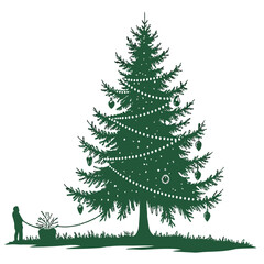 Silhouette of a man watering a christmas tree decorated with lights and ornaments a whimsical and festive illustration for the holiday season