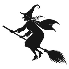 Silhouette of a witch flying on a broom halloween vector illustration of a witch flying on a broomstick in the night sky with her cape