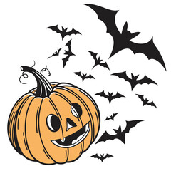 Whimsical halloween delight a cheerful pumpkin surrounded by playful bats, , evoking the spooky spirit of the season with a touch of cartoonish charm