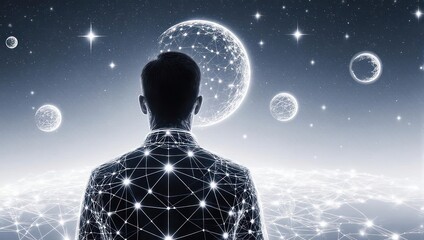 Visionary businessman gazes at glowing network sphere in cosmic digital universe, contemplating future innovation and global connection.