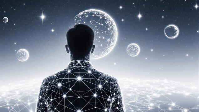 Visionary businessman gazes at glowing network sphere in cosmic digital universe, contemplating future innovation and global connection. - Powered by Adobe