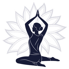 A graceful woman in a seated yoga position, hands raised in reverence, set against a backdrop of a blooming lotus, , symbolizing spiritual growth and enlightenment through yoga