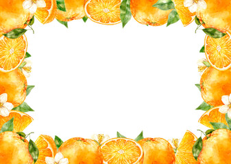 Watercolor rectangular frame with oranges, slices and leaves on white background. Decorative citrus border with bright juicy natural detail in artistic style.