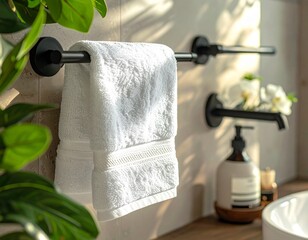 "Luxury bathroom scene: a fluffy beige hand towel hanging. Close-up angle to capture towel detailing and soft fabric feel. HD, 1:1 ratio."
