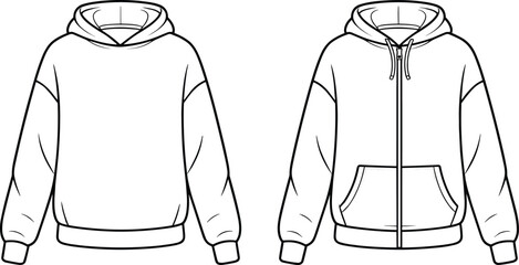 Blank hoodie template, front view sweatshirt, pullover and zip up hoodie design, fashion clothing mockup, apparel vector illustration, casual wear outline. © Creatives Sakib