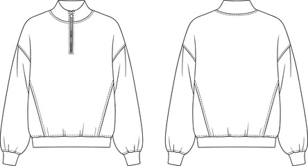 Blank half zip sweatshirt template front and back view, casual unisex clothing design, long sleeve pullover fleece garment fashion mockup. © Creatives Sakib
