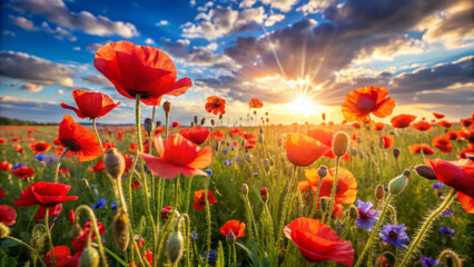 Naklejka premium Vibrant red poppies bloom in a field under a radiant sunset sky