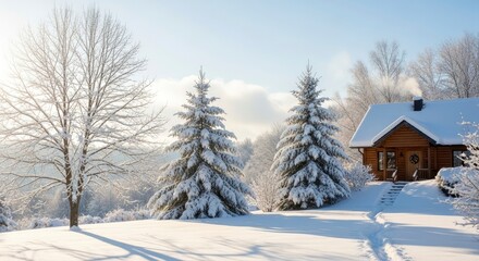 Snowy log cabin nestled among trees on a bright winter day with smoke rising from its chimney