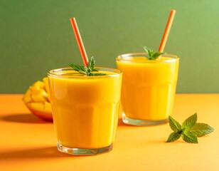 Fototapeta premium Two glasses of mango smoothie, vibrant colors