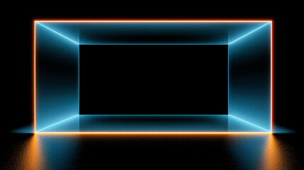 Futuristic glowing neon frame floating above a reflective surface. Blue-orange gradient lighting creates depth and contrast. Ideal for tech, design, or digital advertising themes.