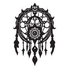 Symbolic traditional tattoo art print, macrame silhouette in vector style, white background, vibrant colors, retro flair, complex ornamental details