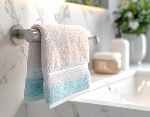 "Luxury bathroom scene: a fluffy beige hand towel hanging. Close-up angle to capture towel detailing and soft fabric feel. HD, 1:1 ratio."