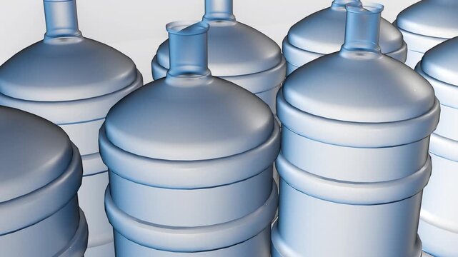 A 3d animation of row of clear, light blue plastic water jugs, often referred to as five-gallon jugs or carboys.