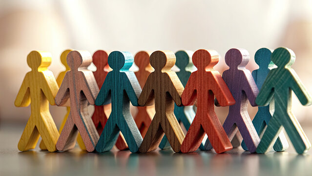 Adapt leadership style to meet the needs concept. Colorful wooden figures representing unity and collaboration.