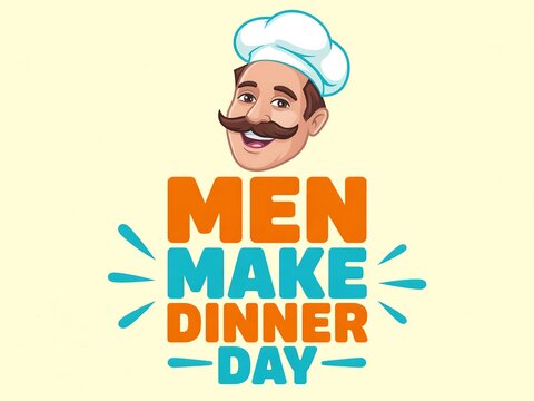 Celebration of men make dinner day with a cheerful chef illustration and bold text - Powered by Adobe