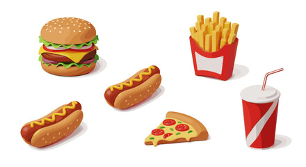 Isometric fast food arrangement featuring burger fries pizza and drinks