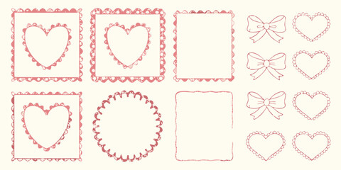Collection of hand drawn pink heart and bow frames and borders with scalloped edges