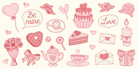 Collection of cute pink valentine s day icons and symbols with hearts and romantic elements