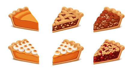 Illustration showing six slices of different types of pie on white background