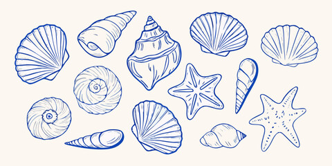 Collection of hand drawn blue line art seashells and starfish on a light cream background