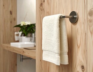 "Luxury bathroom scene: a fluffy beige hand towel hanging. Close-up angle to capture towel detailing and soft fabric feel. HD, 1:1 ratio."