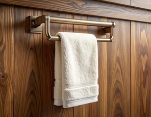"Luxury bathroom scene: a fluffy beige hand towel hanging. Close-up angle to capture towel detailing and soft fabric feel. HD, 1:1 ratio."