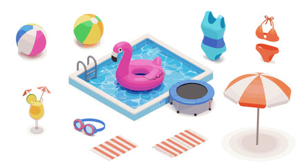 Isometric view of a summer pool scene with flamingo float and accessories