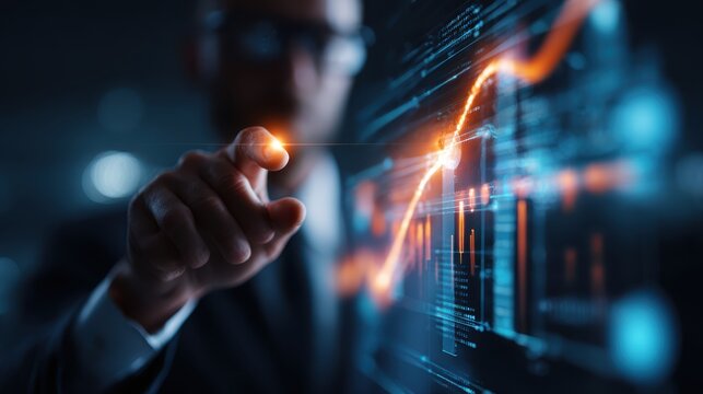 Ai Businessman working with modern interface Business analytics Big data technology and data science. Data flow concept.Business computing digital composite.