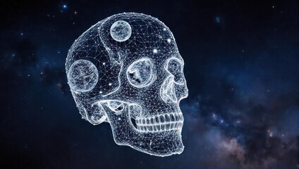 Stunning digital wireframe skull glows with ethereal light against a cosmic nebula backdrop, perfect for futuristic concepts.