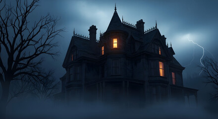 A spooky mansion illuminated with a few windows in the dark night with fog and lightning strikes