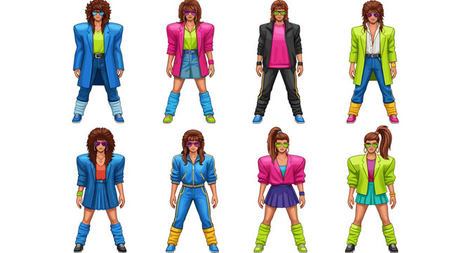 Collection of eight stylized women in colorful s 80s fashion outfits