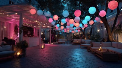 Obraz premium Enchanting Evening Ambiance with Lanterns and Cozy Seating in Outdoor Space