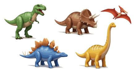 A collection of five cartoon dinosaurs including a t rex and triceratops
