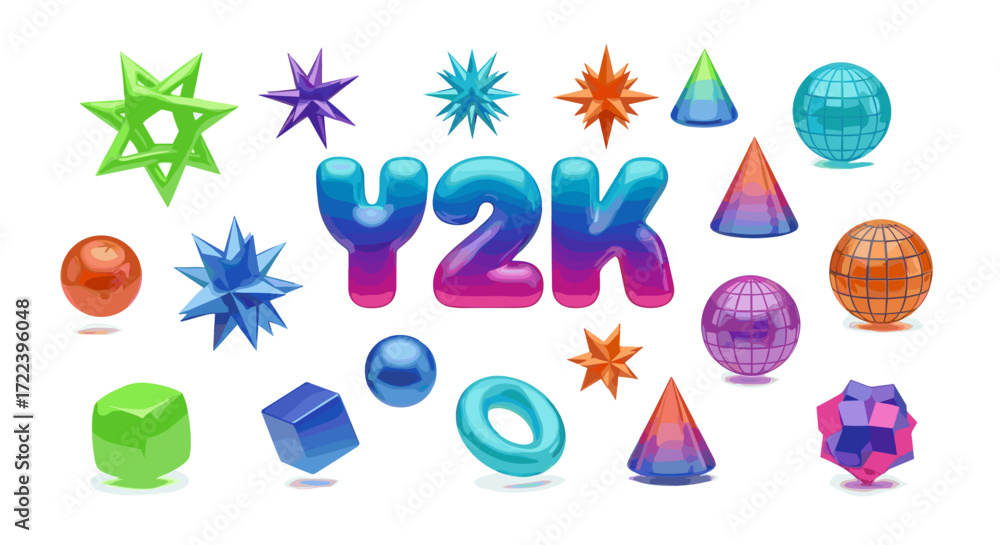 Poster a collection of y2k themed shapes and text on a white background art