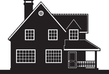 A black and white silhouette of a house with a porch and chimney, set against a white background.