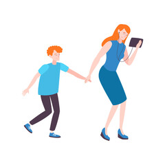 Young Boy and Woman Walking Together, Holding Hands and Both Looking Down