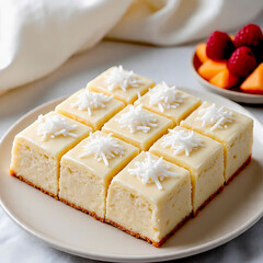 White coconut brownies on a plate