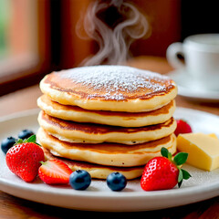 Stack of pancakes with strawberries and blueberries.
